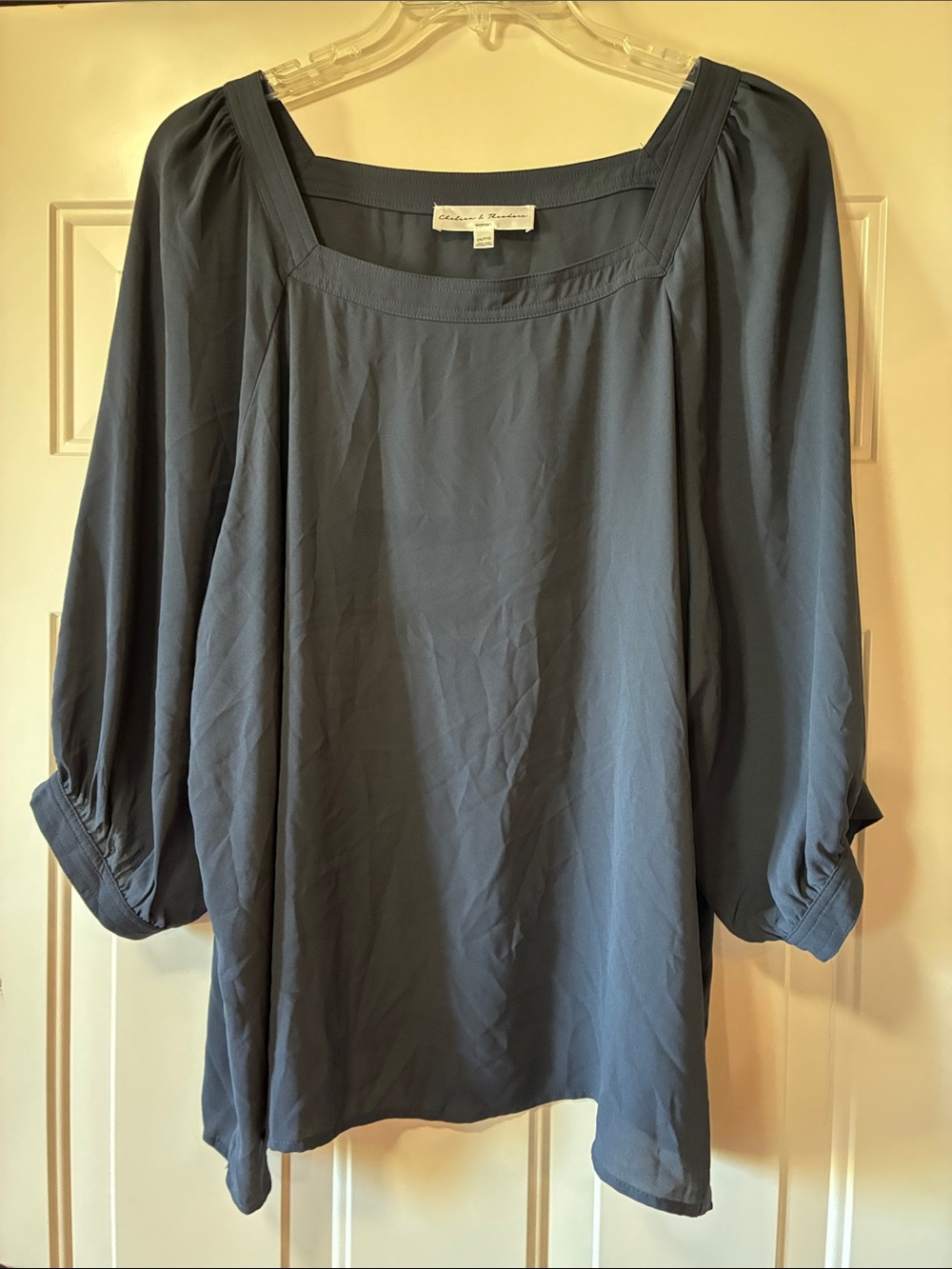 2X Chelsea & Theodore Slate Blue Square Neck Blouse with Cuffed 3Q Sleeves